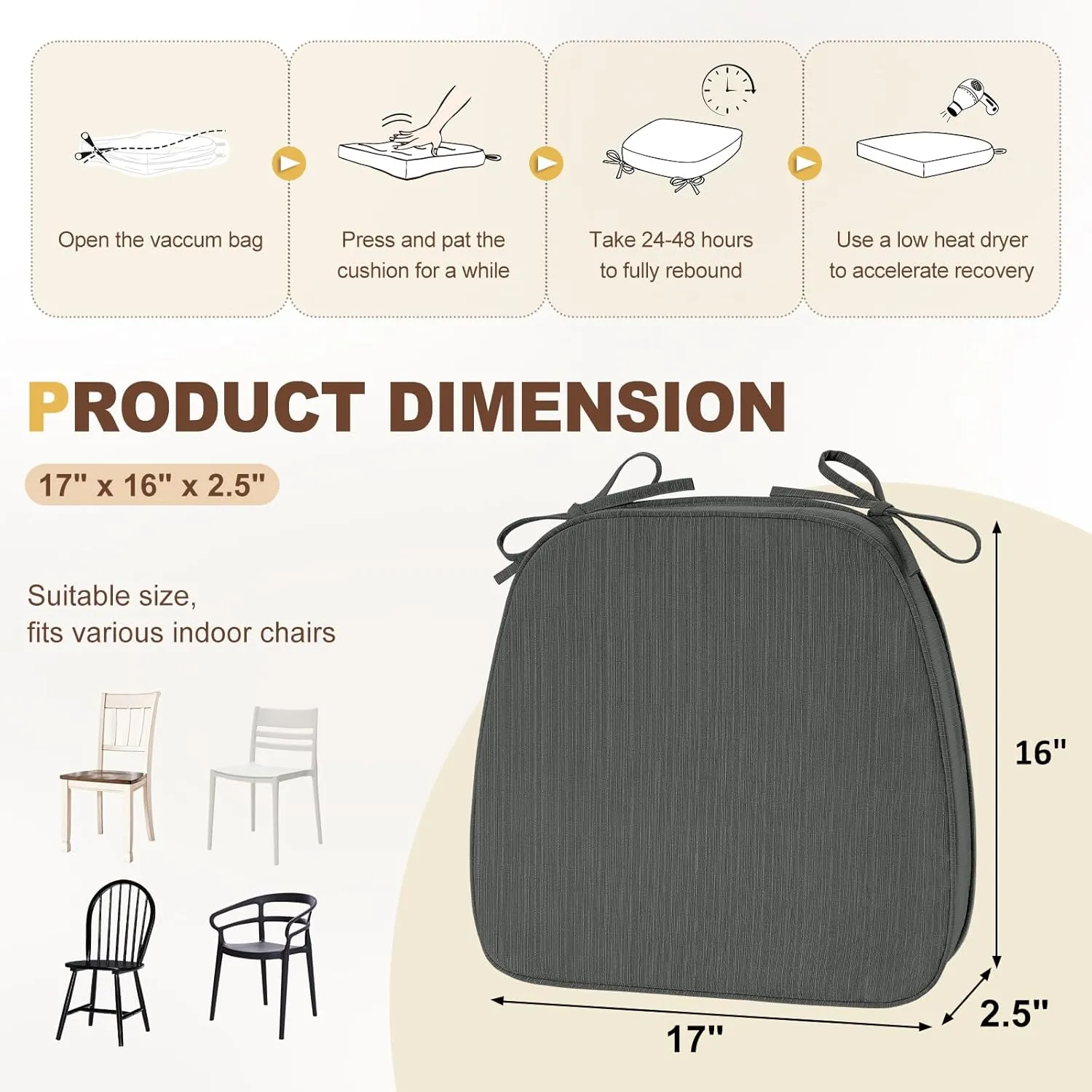 downluxe Indoor Chair Cushions for Dining Chairs, D-Shaped Chair Pads with Ties, Non Slip Dining Chair Cushions, 17" x 16" x 2.5", Dark Grey, 6 Pack