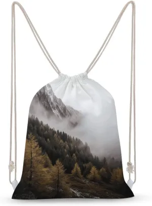 Drawstring Bags Drawstring Backpack Landscape of Trees And Mountain Surrounded by Fog Sports Gym Bag for Women Men Sports Sackpack