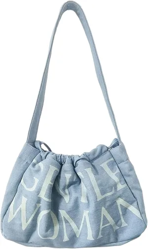 Drawstring Slouch Bag Stylish Denim Canvas Shoulder Handbag Travel Holiday Everyday Purse for Women