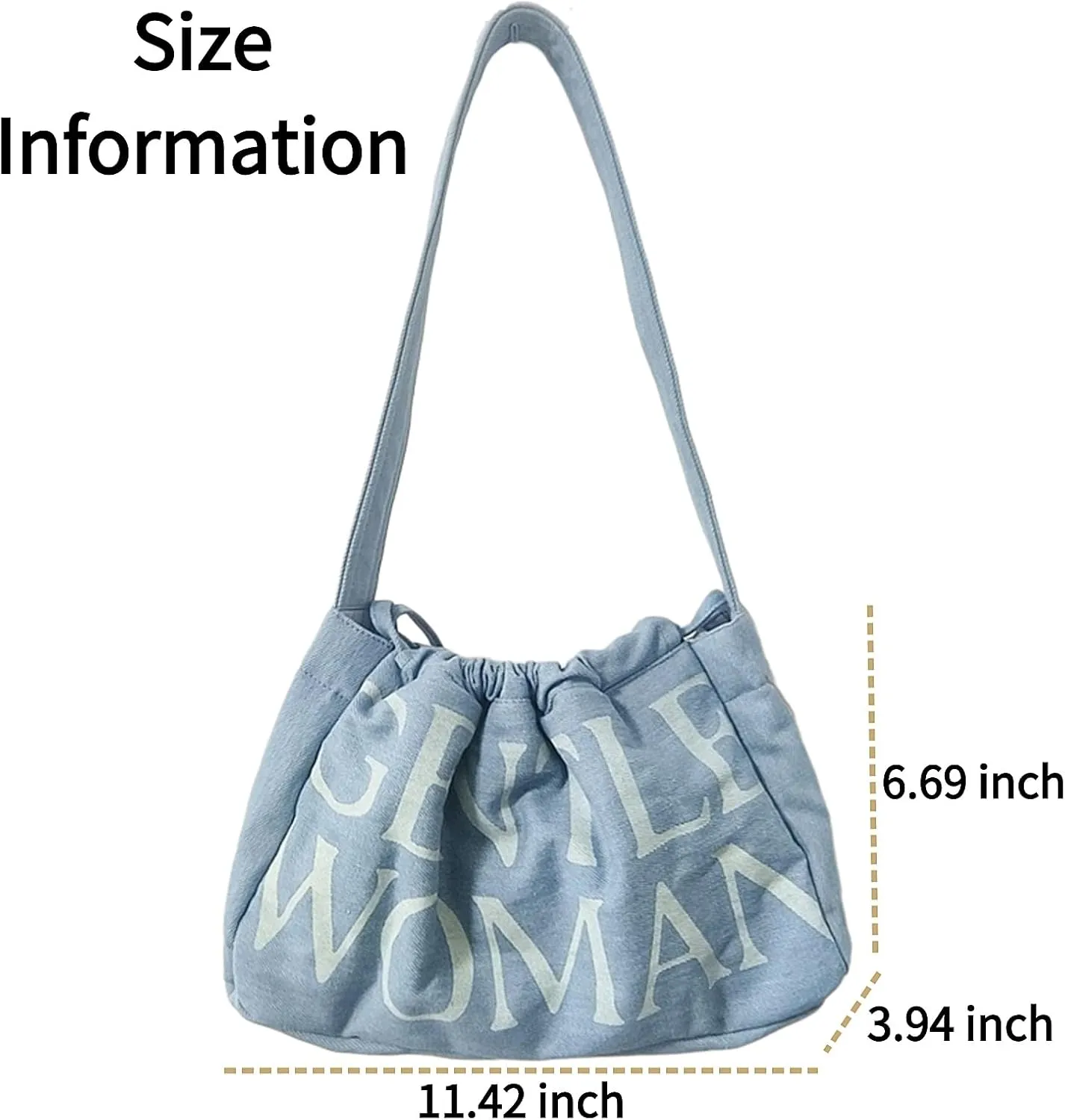 Drawstring Slouch Bag Stylish Denim Canvas Shoulder Handbag Travel Holiday Everyday Purse for Women