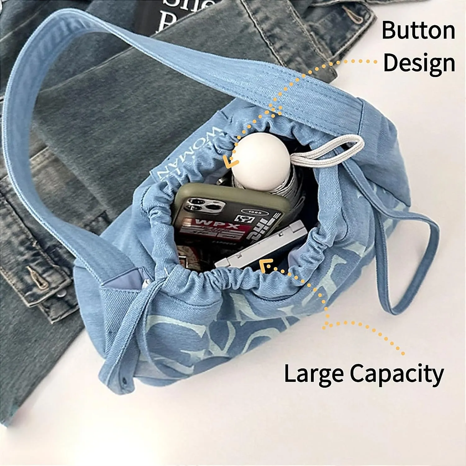 Drawstring Slouch Bag Stylish Denim Canvas Shoulder Handbag Travel Holiday Everyday Purse for Women