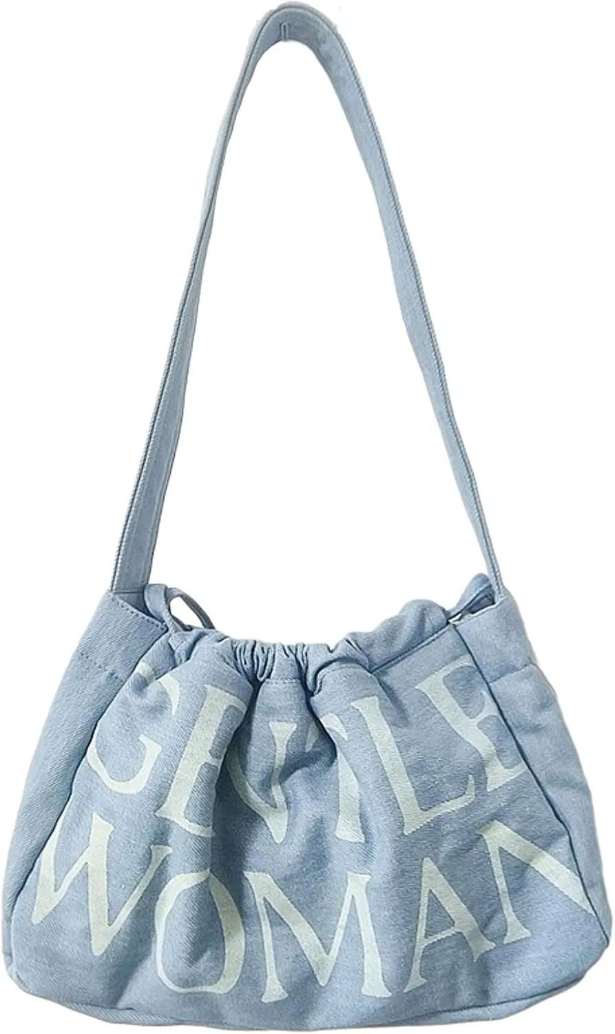 Drawstring Slouch Bag Stylish Denim Canvas Shoulder Handbag Travel Holiday Everyday Purse for Women
