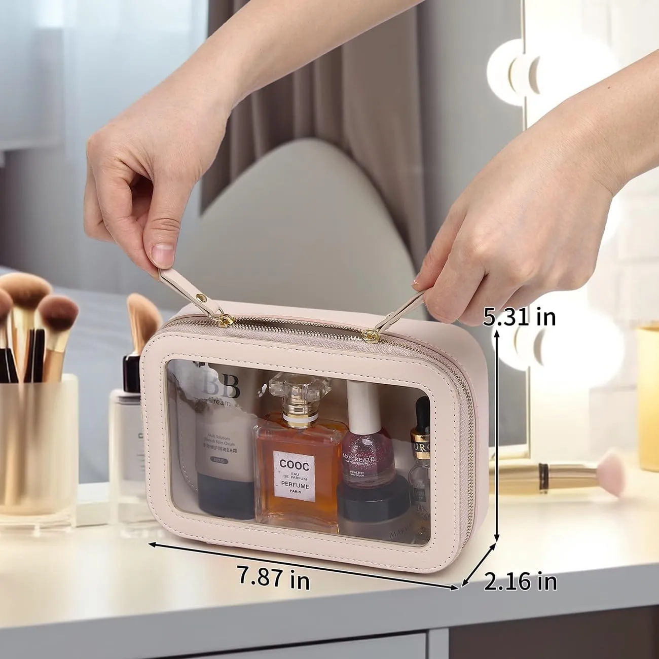 Duolan Clear Makeup Bag Portable Transparent Cosmetic Bag Organizer Clear Travel Makeup Case Toiletry Bag Makeup Bag for Car with Zipper for Women (A/Beige, M)