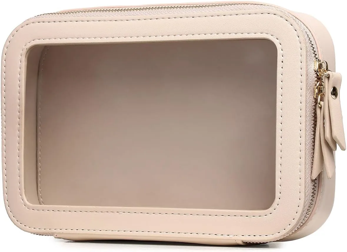 Duolan Clear Makeup Bag Portable Transparent Cosmetic Bag Organizer Clear Travel Makeup Case Toiletry Bag Makeup Bag for Car with Zipper for Women (A/Beige, M)