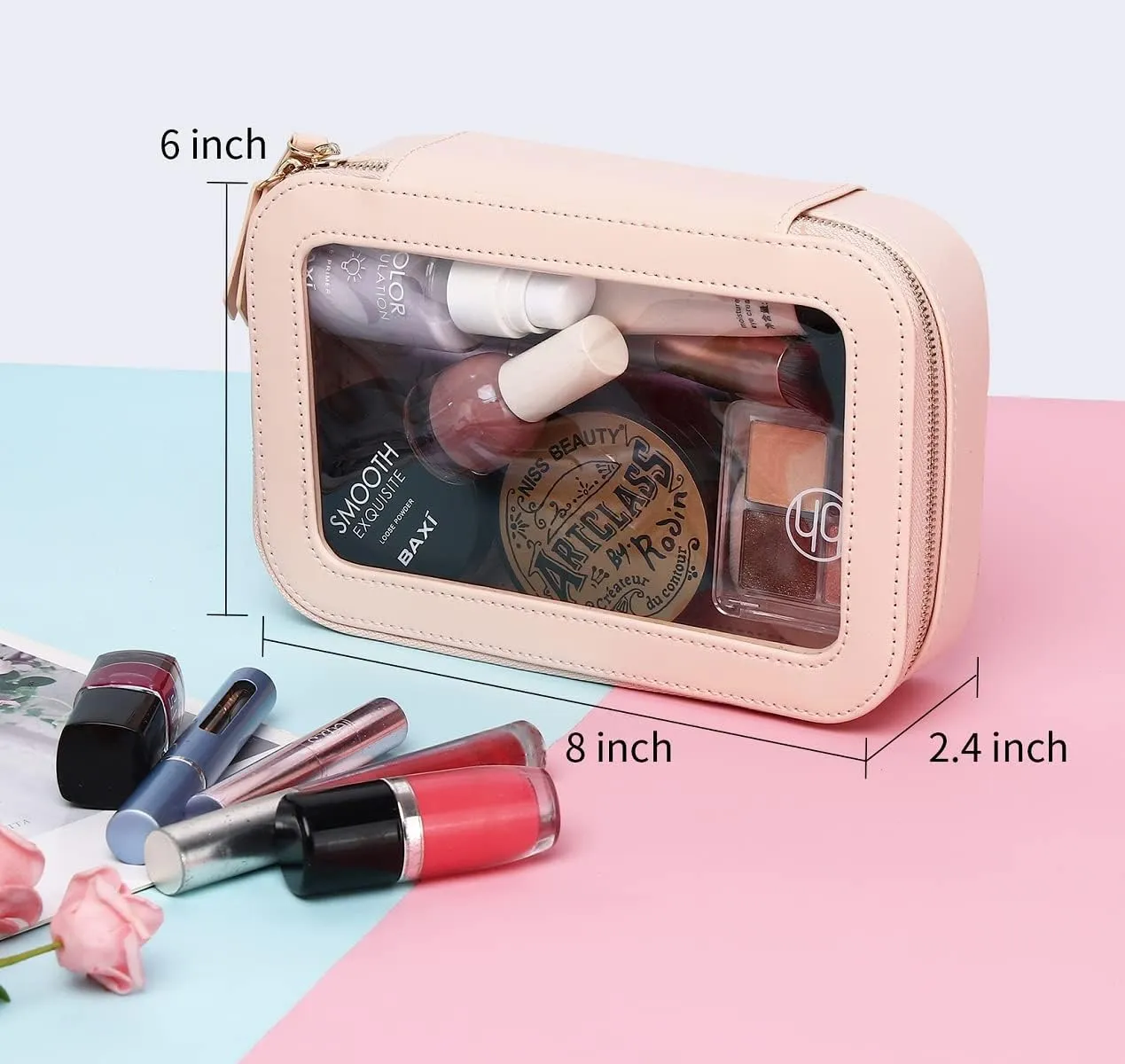 Duolan Clear Makeup Bag Portable Transparent Cosmetic Bag Organizer Clear Travel Makeup Case Toiletry Bag Makeup Bag for Car with Zipper for Women (A/Pink-2, M)