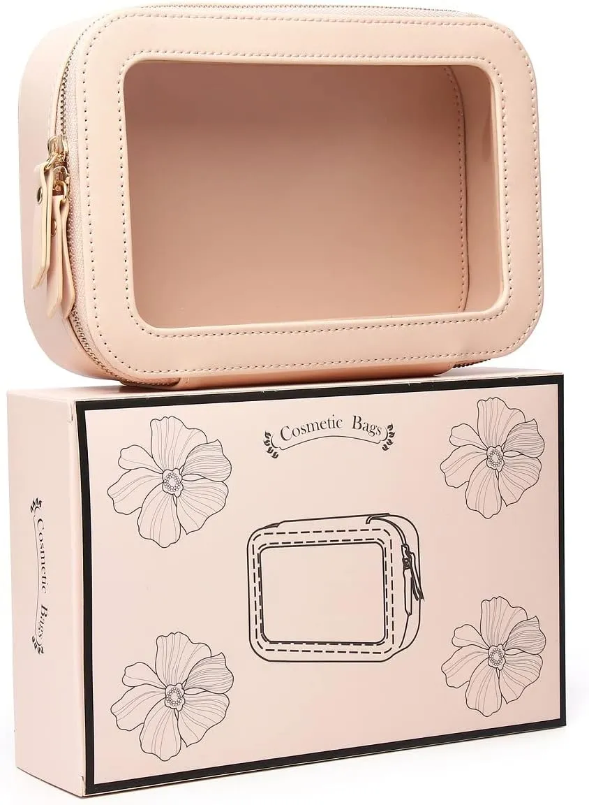 Duolan Clear Makeup Bag Portable Transparent Cosmetic Bag Organizer Clear Travel Makeup Case Toiletry Bag Makeup Bag for Car with Zipper for Women (A/Pink-2, M)