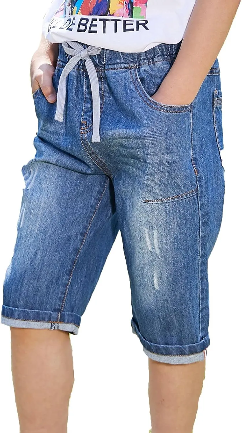 Echiondon Boy Jean Shorts Stretch Denim Shorts Pull on Elastic Shorts