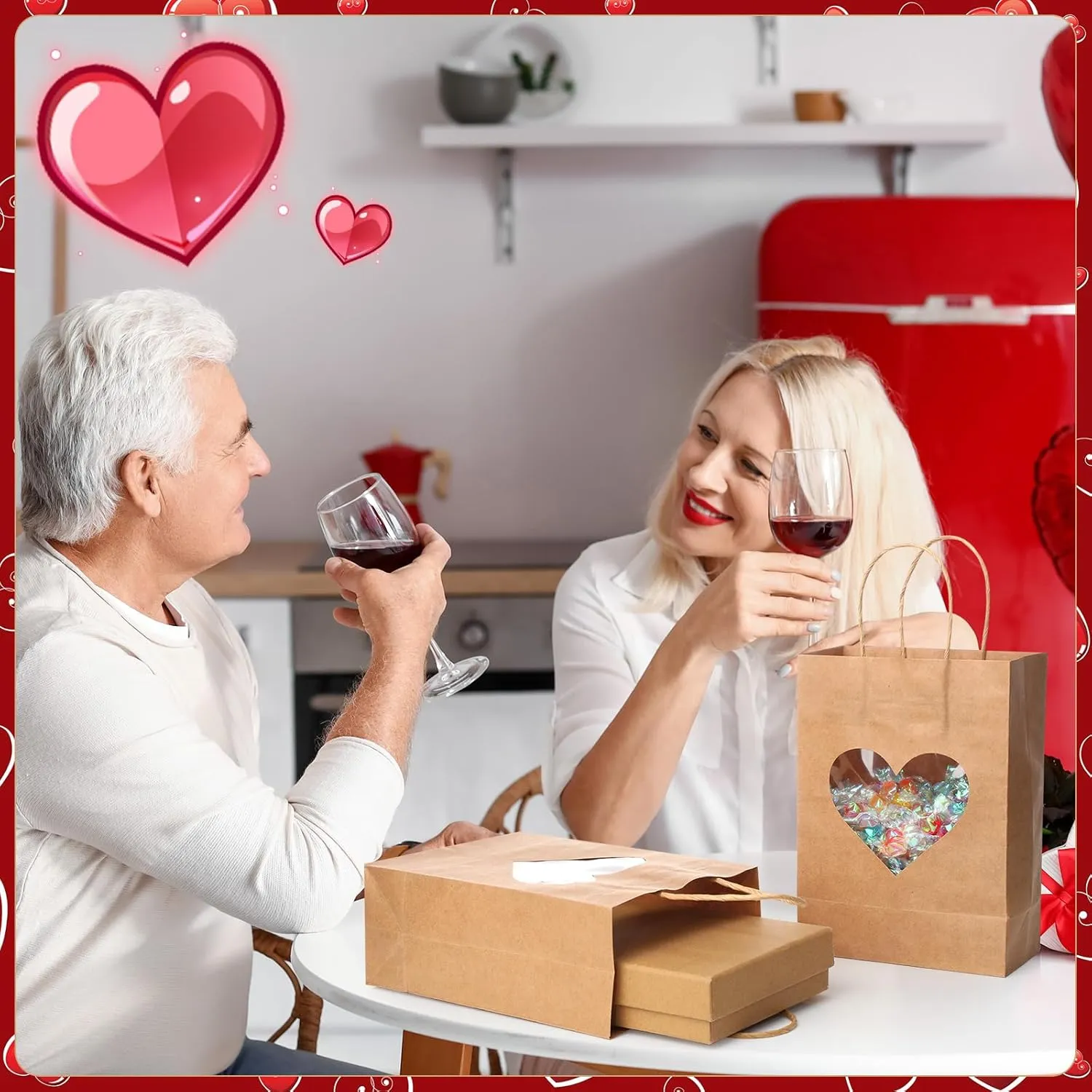 Eersida 24 Pcs Mother's Day Gifts Bags with Heart Window Brown Kraft Paper Goodie Bag Bulk Candy Treat Wrapping with Handles 8.27 x 5.91 x 3.15 Inch for Wedding Birthday Party Supplies