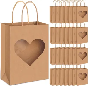 Eersida 24 Pcs Mother's Day Gifts Bags with Heart Window Brown Kraft Paper Goodie Bag Bulk Candy Treat Wrapping with Handles 8.27 x 5.91 x 3.15 Inch for Wedding Birthday Party Supplies