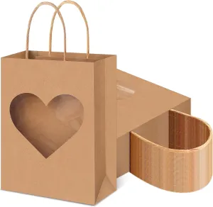 Eersida 48 Pcs Mother's Day Gifts Bags with Heart Window Brown Kraft Paper Goodie Bag Bulk Candy Treat Wrapping with Handles 8.27 x 5.91 x 3.15 Inch for Wedding Birthday Party Supplies