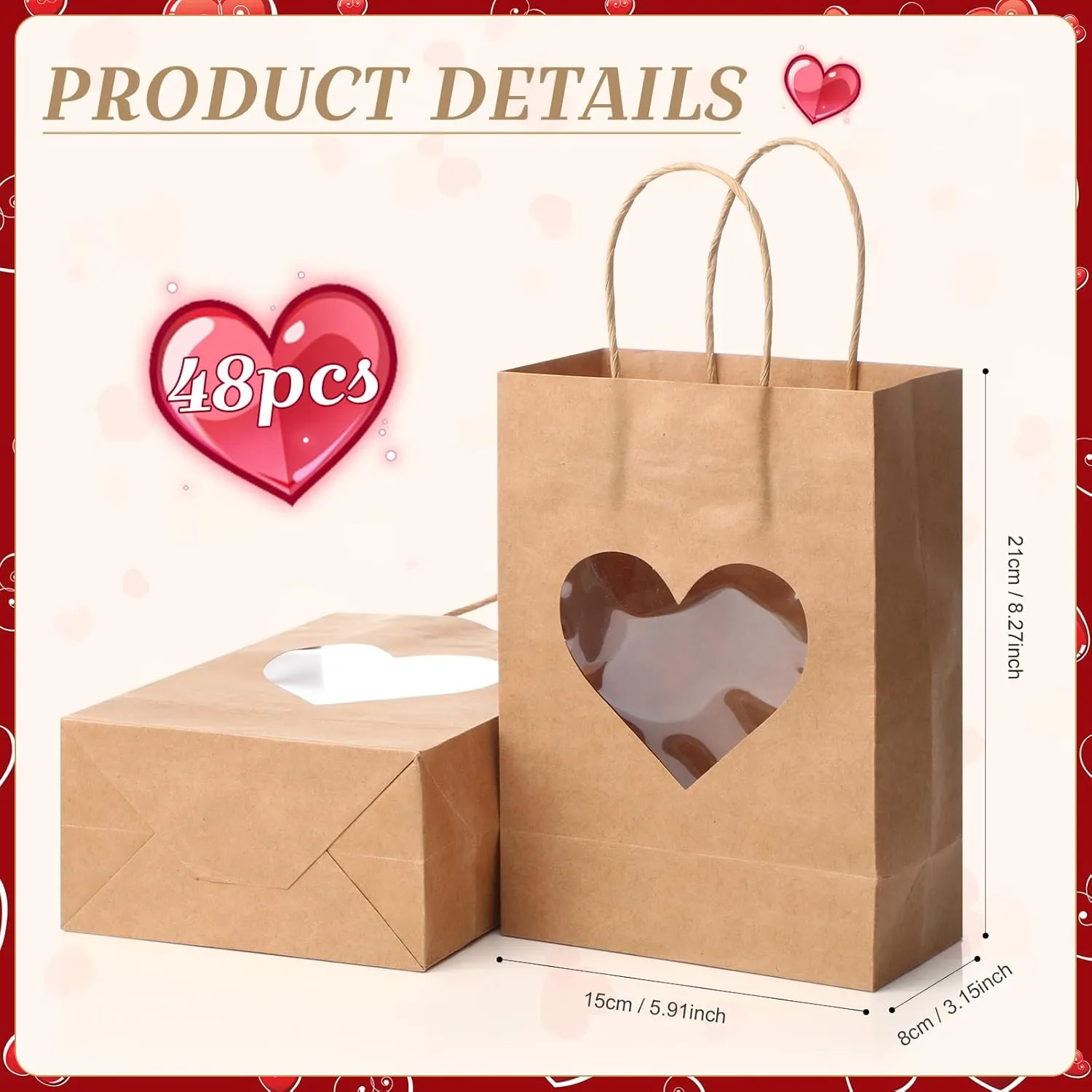 Eersida 48 Pcs Mother's Day Gifts Bags with Heart Window Brown Kraft Paper Goodie Bag Bulk Candy Treat Wrapping with Handles 8.27 x 5.91 x 3.15 Inch for Wedding Birthday Party Supplies