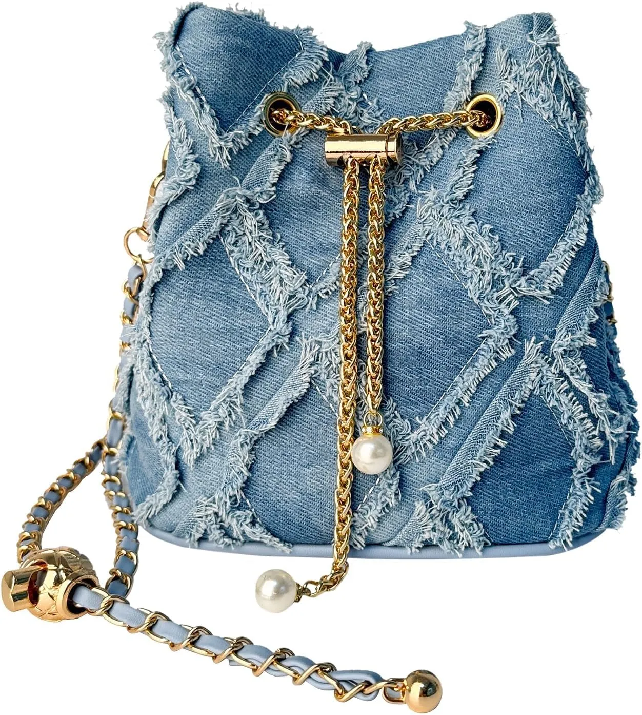 Eiyye Denim Purse Bucket Bag Jean Purses Shoulder Bag Crossbody Bags for Women Drawstring with Chain Strap Blue