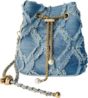 Eiyye Denim Purse Bucket Bag Jean Purses Shoulder Bag Crossbody Bags for Women Drawstring with Chain Strap Blue