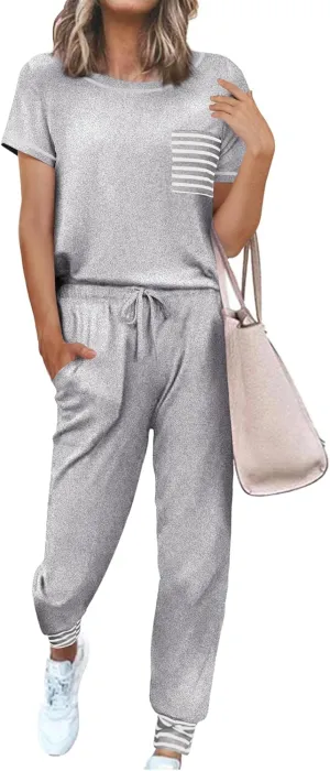 Ekouaer Pajama Sets for Women Short Sleeve Pjs Sets 2 Piece Loungewear Sleepwear with Long Joggers Pants