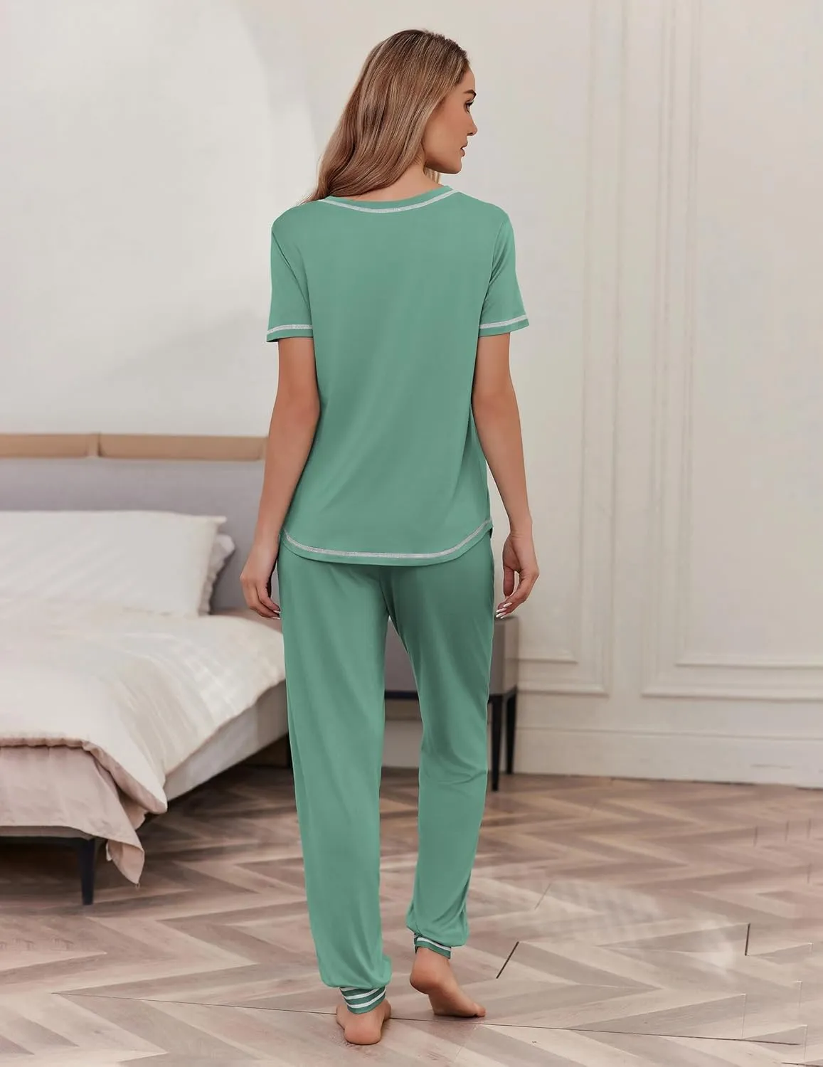 Ekouaer Pajama Sets for Women Short Sleeve Pjs Sets 2 Piece Loungewear Sleepwear with Long Joggers Pants