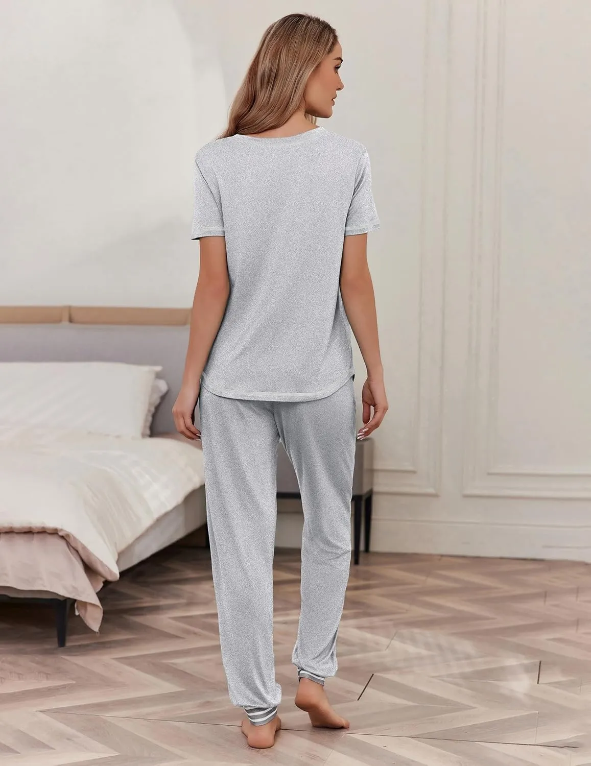 Ekouaer Pajama Sets for Women Short Sleeve Pjs Sets 2 Piece Loungewear Sleepwear with Long Joggers Pants