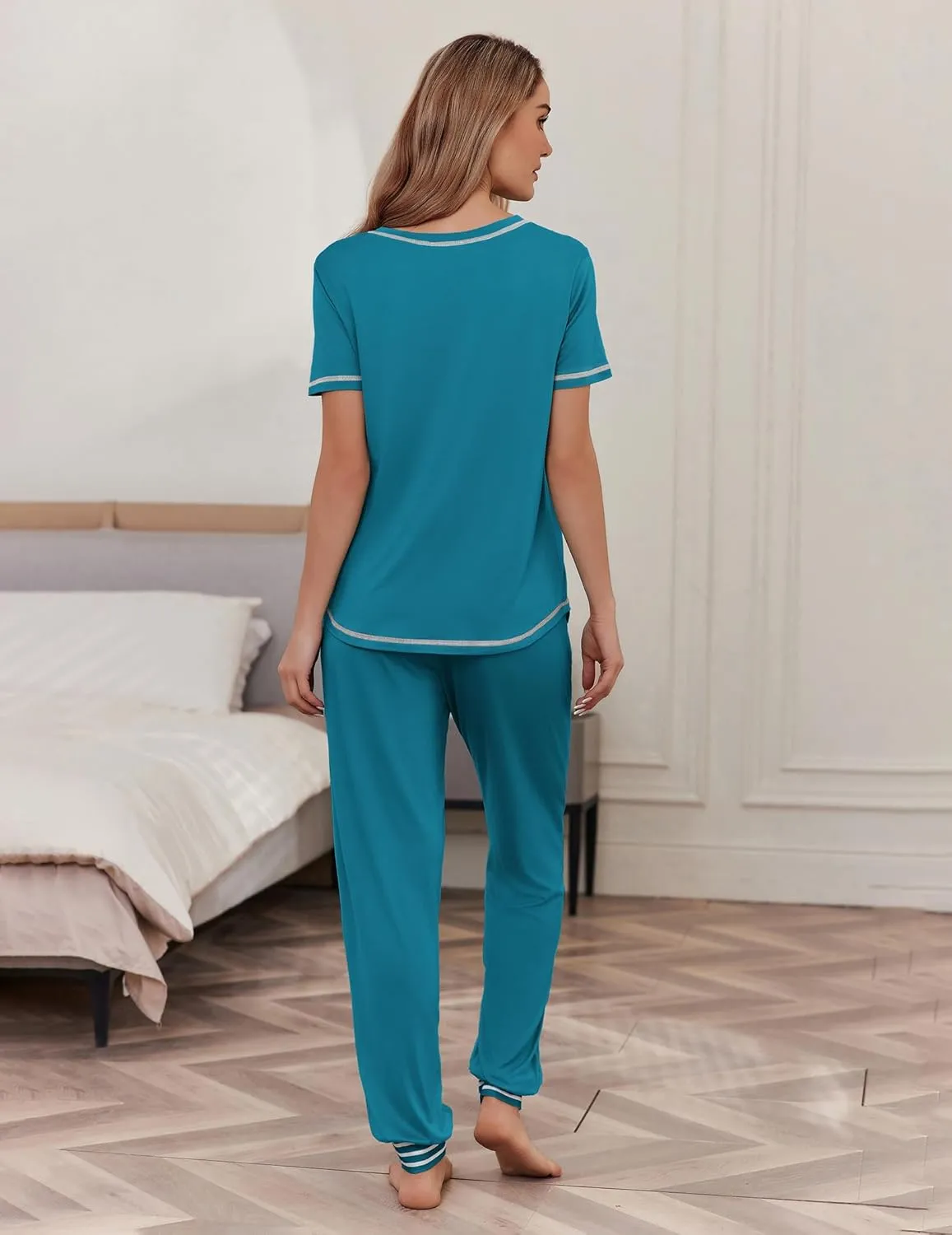 Ekouaer Pajama Sets for Women Short Sleeve Pjs Sets 2 Piece Loungewear Sleepwear with Long Joggers Pants