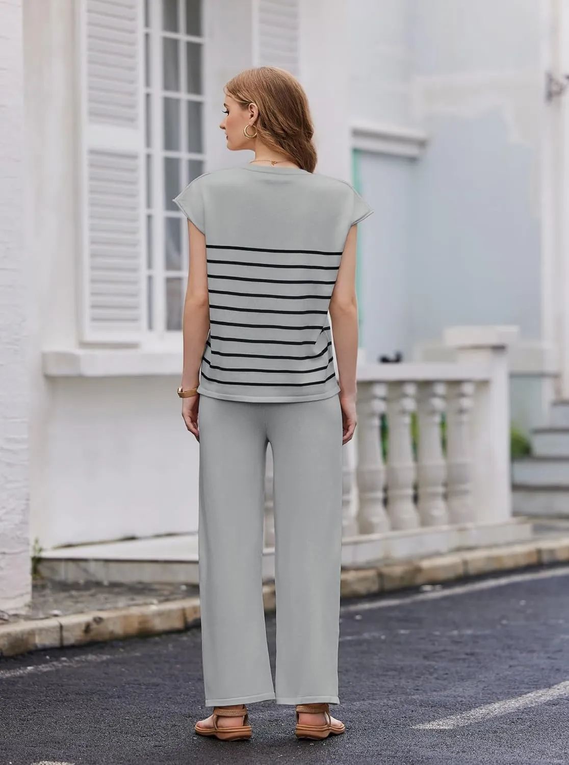 Ekouaer Striped Lounge Set 2 Piece Sweater Matching Outfits Travel Knit Clothing Sets for Women
