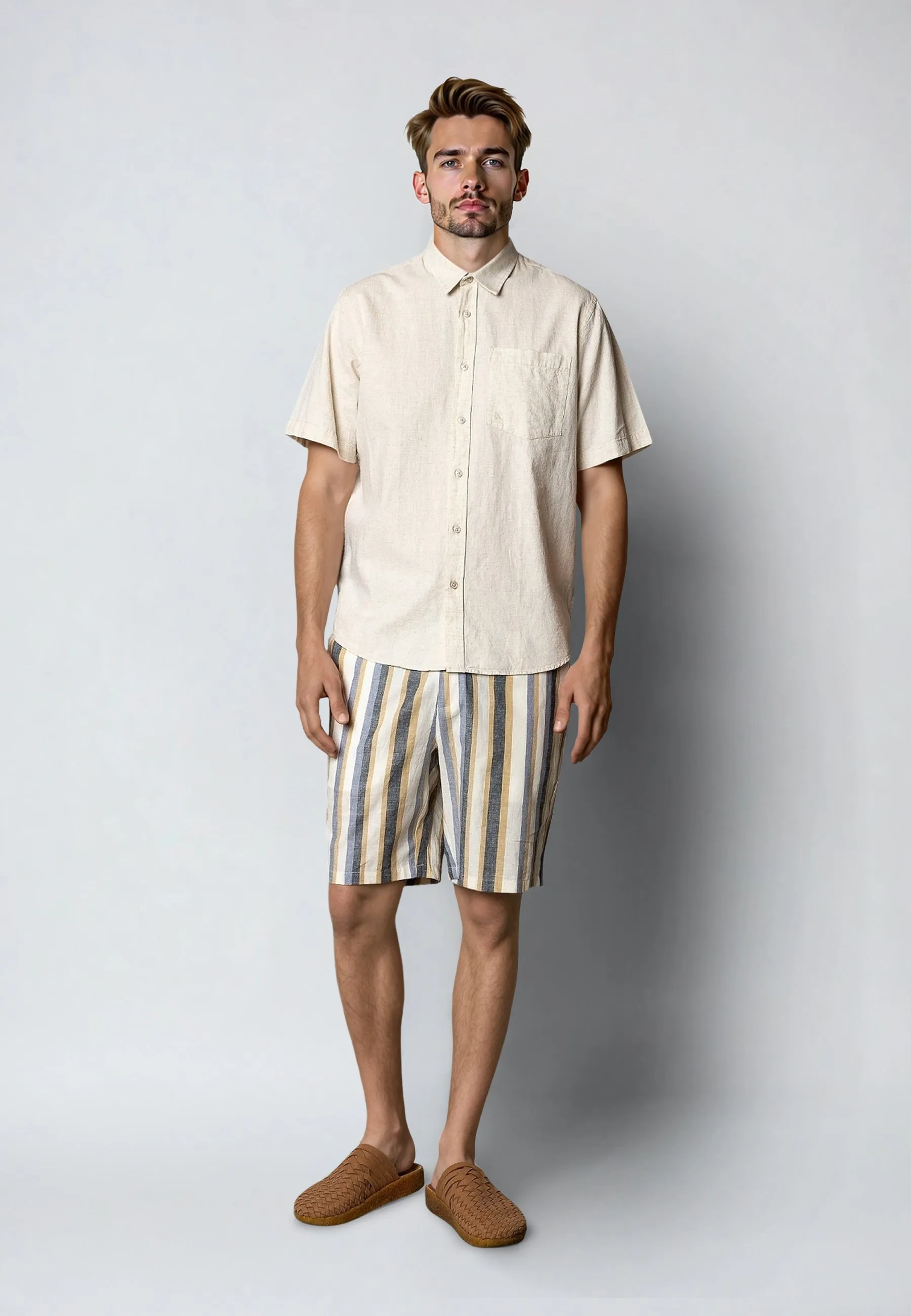 Eli cotton/linen shorts - Ecru/Blue striped