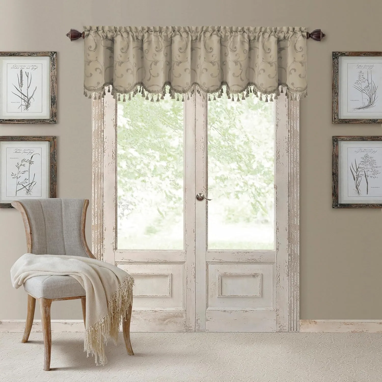 Elrene Home Fashions Mia Jacquard Scroll Blackout Valance, 52" x 19" (1 Valance), Natural