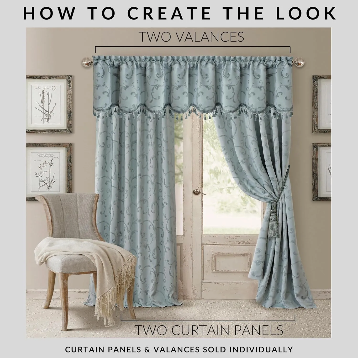 Elrene Home Fashions Mia Jacquard Scroll Blackout Window Curtain, 52" x 95" (1 Panel), Blue
