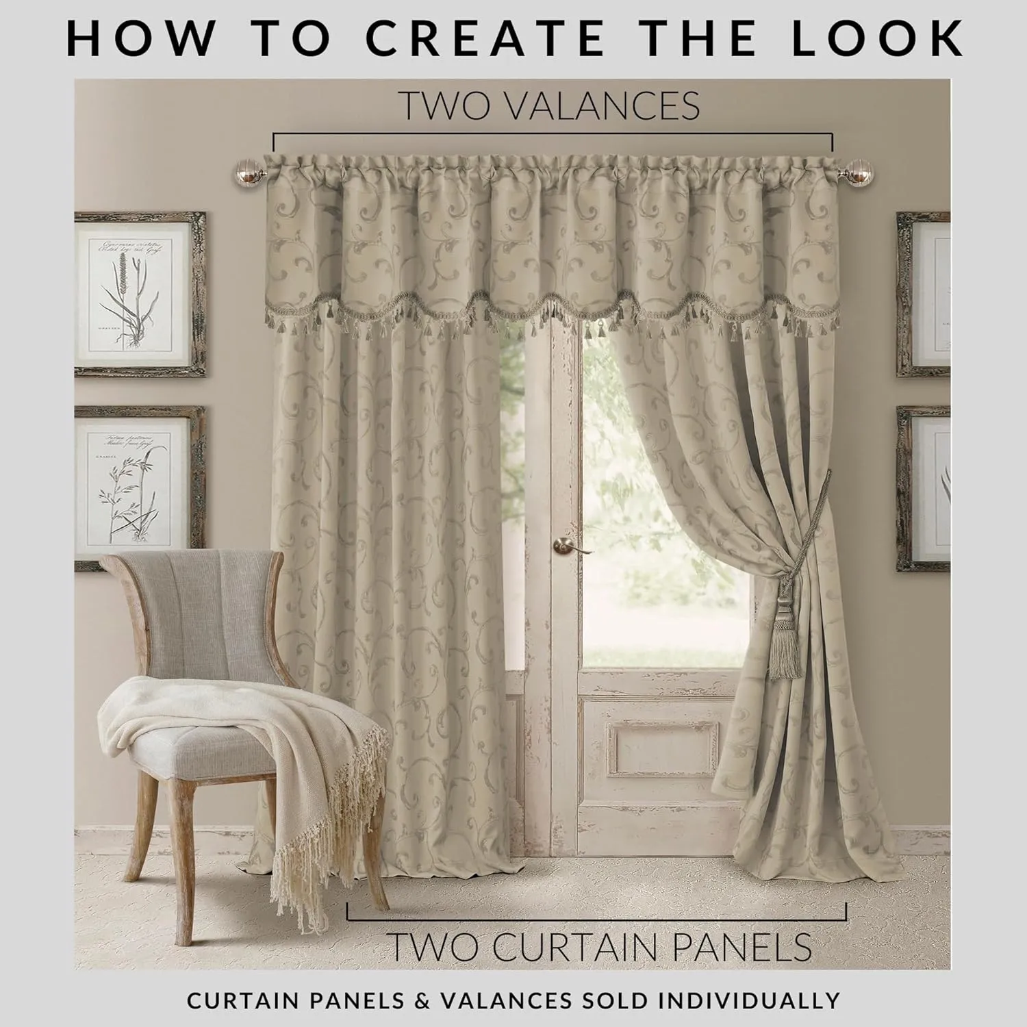 Elrene Home Fashions Mia Jacquard Scroll Blackout Window Curtain, 52" x 95" (1 Panel), Natural
