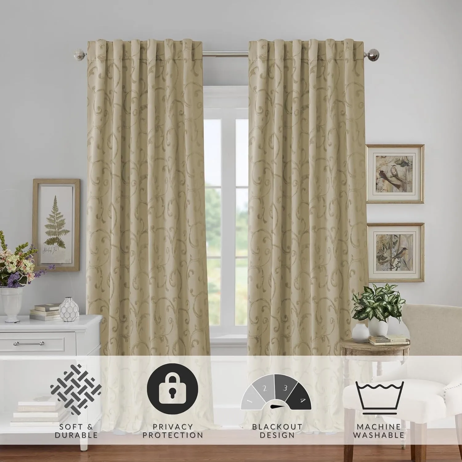 Elrene Home Fashions Mia Jacquard Scroll Blackout Window Curtain, 52" x 95" (1 Panel), Natural