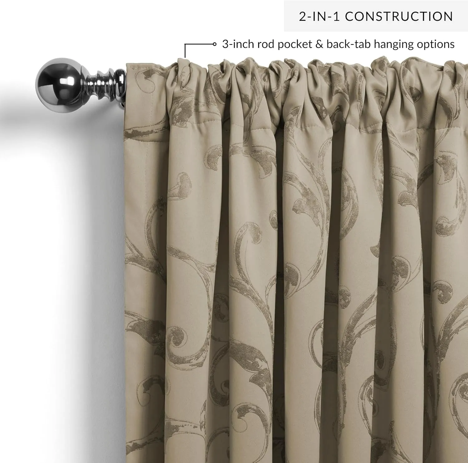 Elrene Home Fashions Mia Jacquard Scroll Blackout Window Curtain, 52" x 95" (1 Panel), Natural