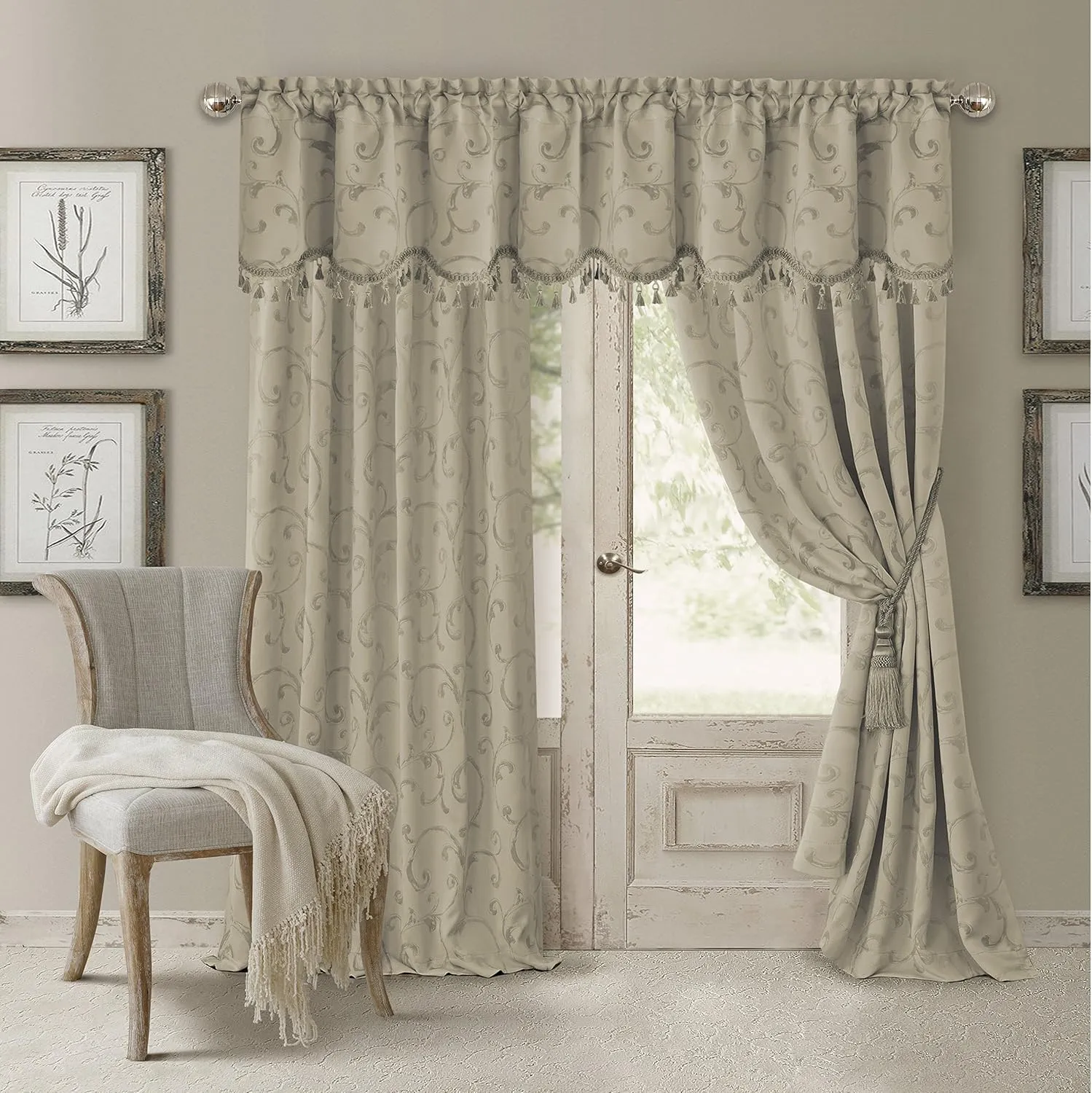 Elrene Home Fashions Mia Jacquard Scroll Blackout Window Curtain, 52" x 95" (1 Panel), Natural