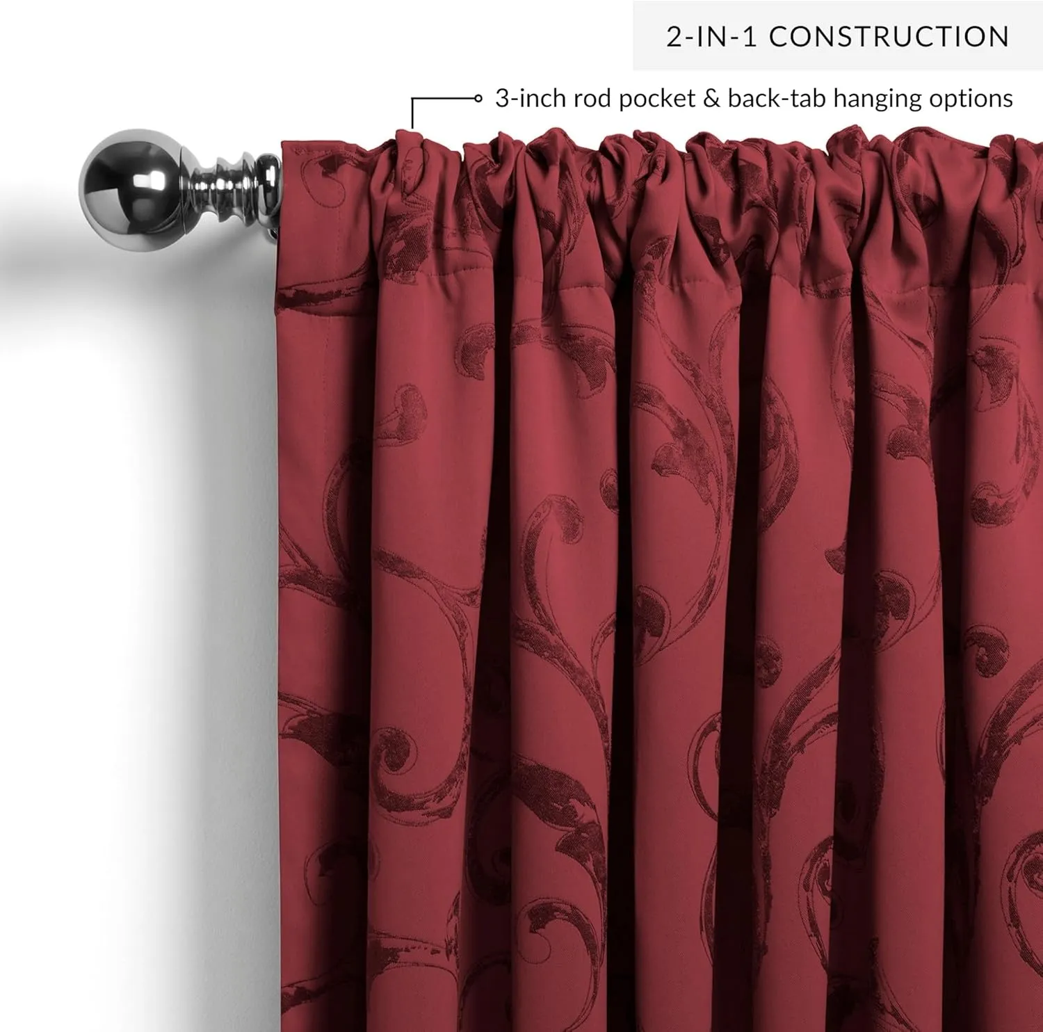 Elrene Home Fashions Mia Jacquard Scroll Blackout Window Curtain, 52" x 95" (1 Panel), Rouge