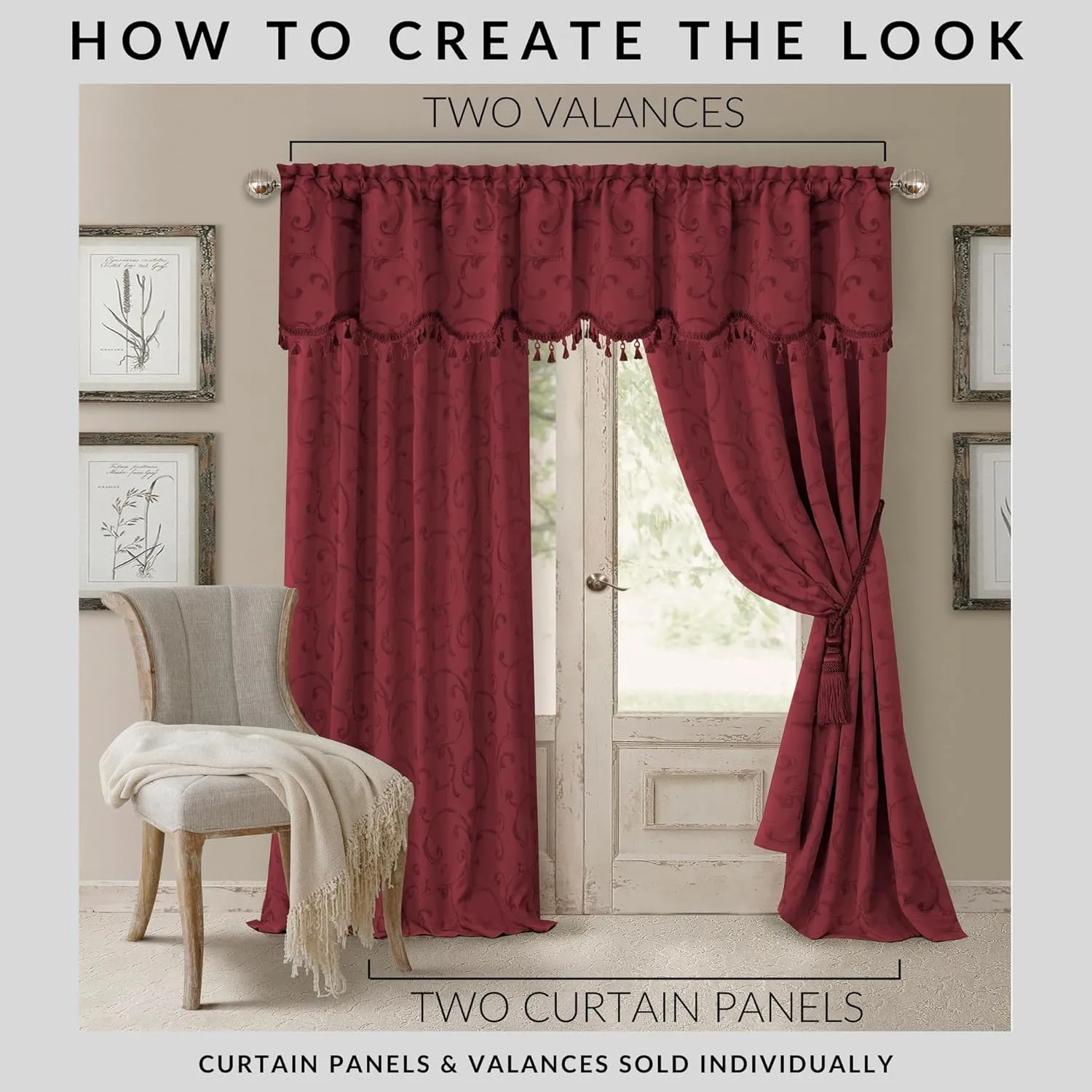 Elrene Home Fashions Mia Jacquard Scroll Blackout Window Curtain, 52" x 95" (1 Panel), Rouge