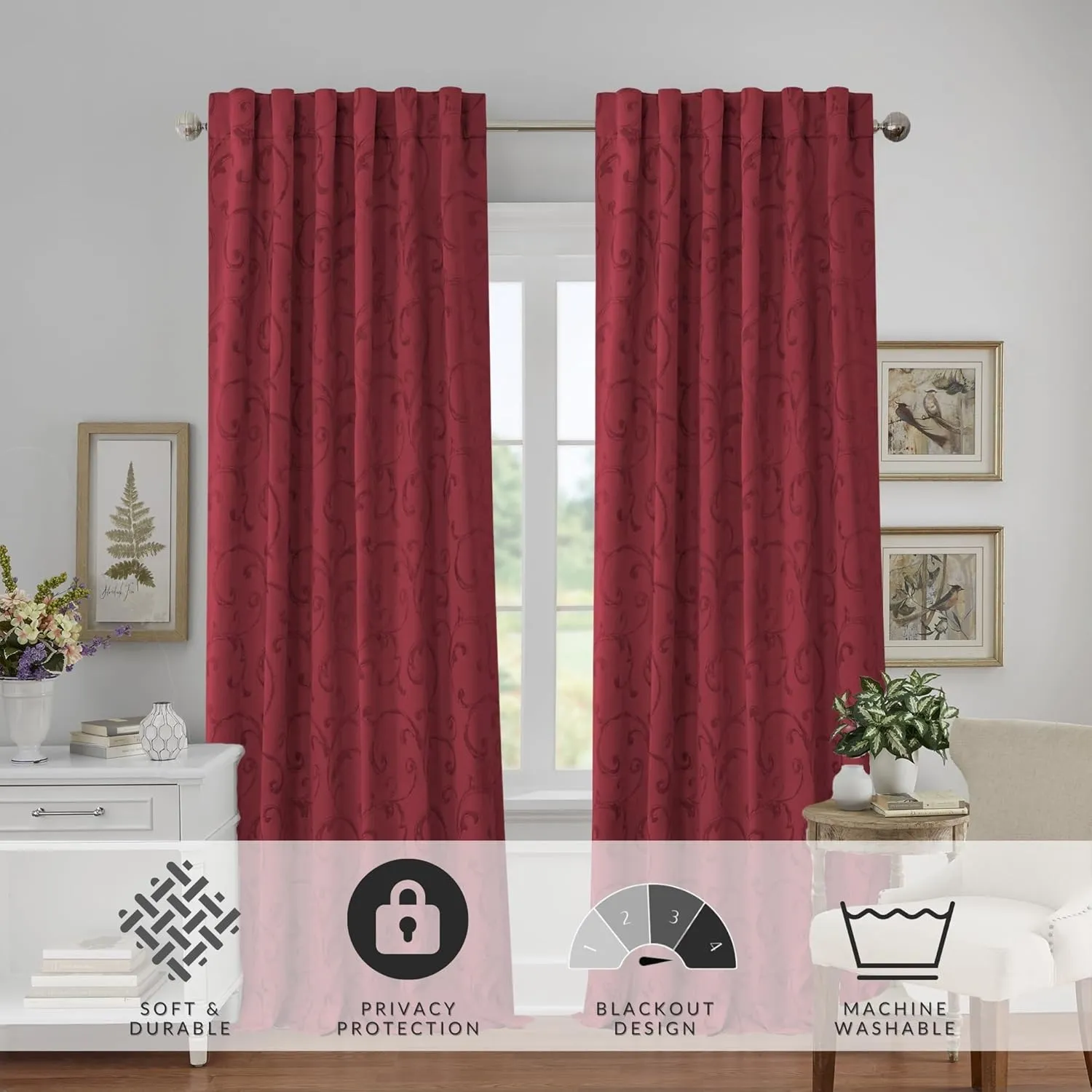 Elrene Home Fashions Mia Jacquard Scroll Blackout Window Curtain, 52" x 95" (1 Panel), Rouge