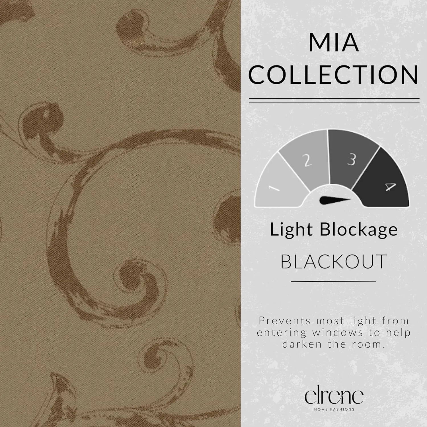 Elrene Home Fashions Mia Jacquard Scroll Blackout Window Curtain, 52" x 95" (1 Panel), Taupe