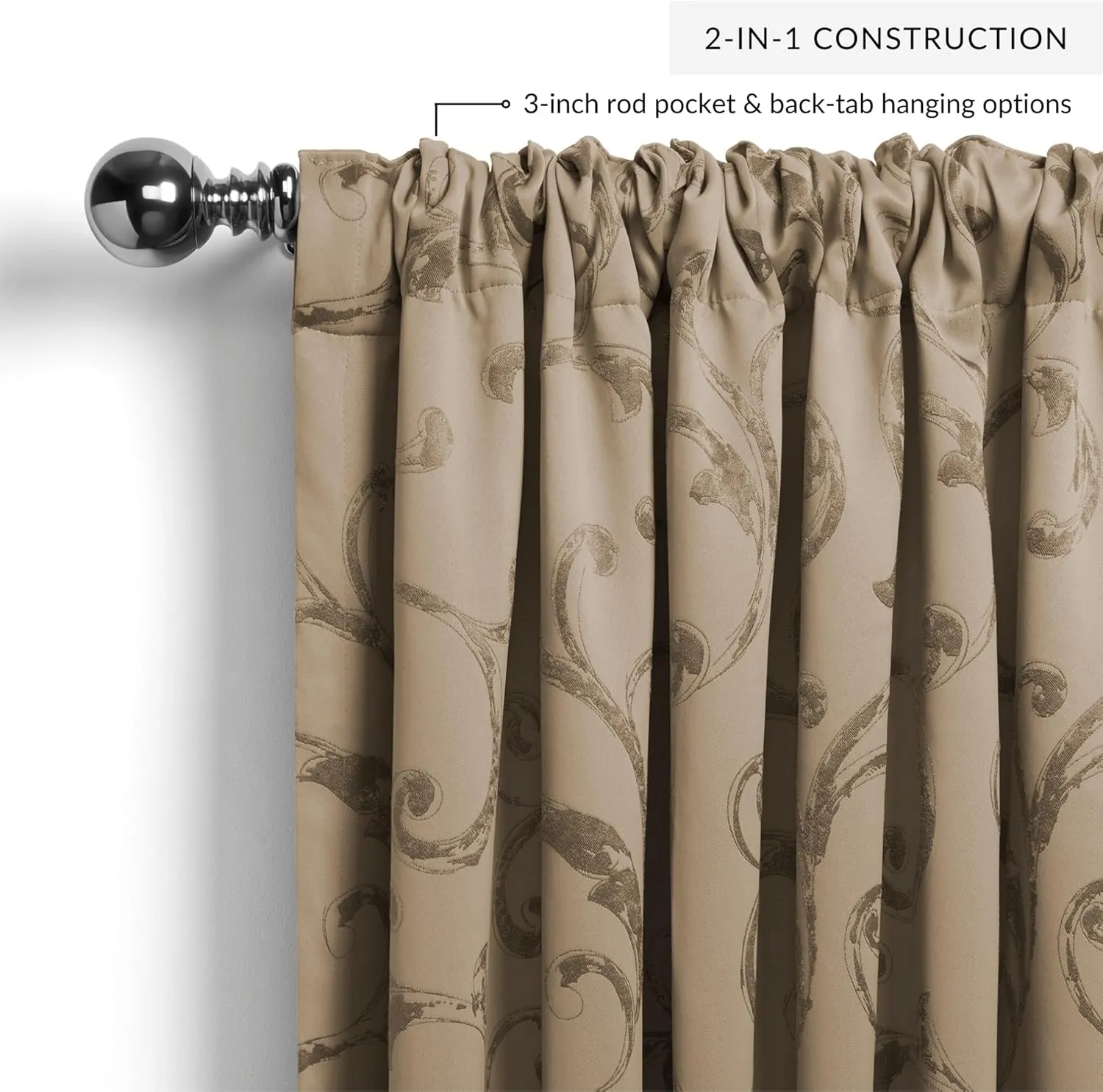 Elrene Home Fashions Mia Jacquard Scroll Blackout Window Curtain, 52" x 95" (1 Panel), Taupe