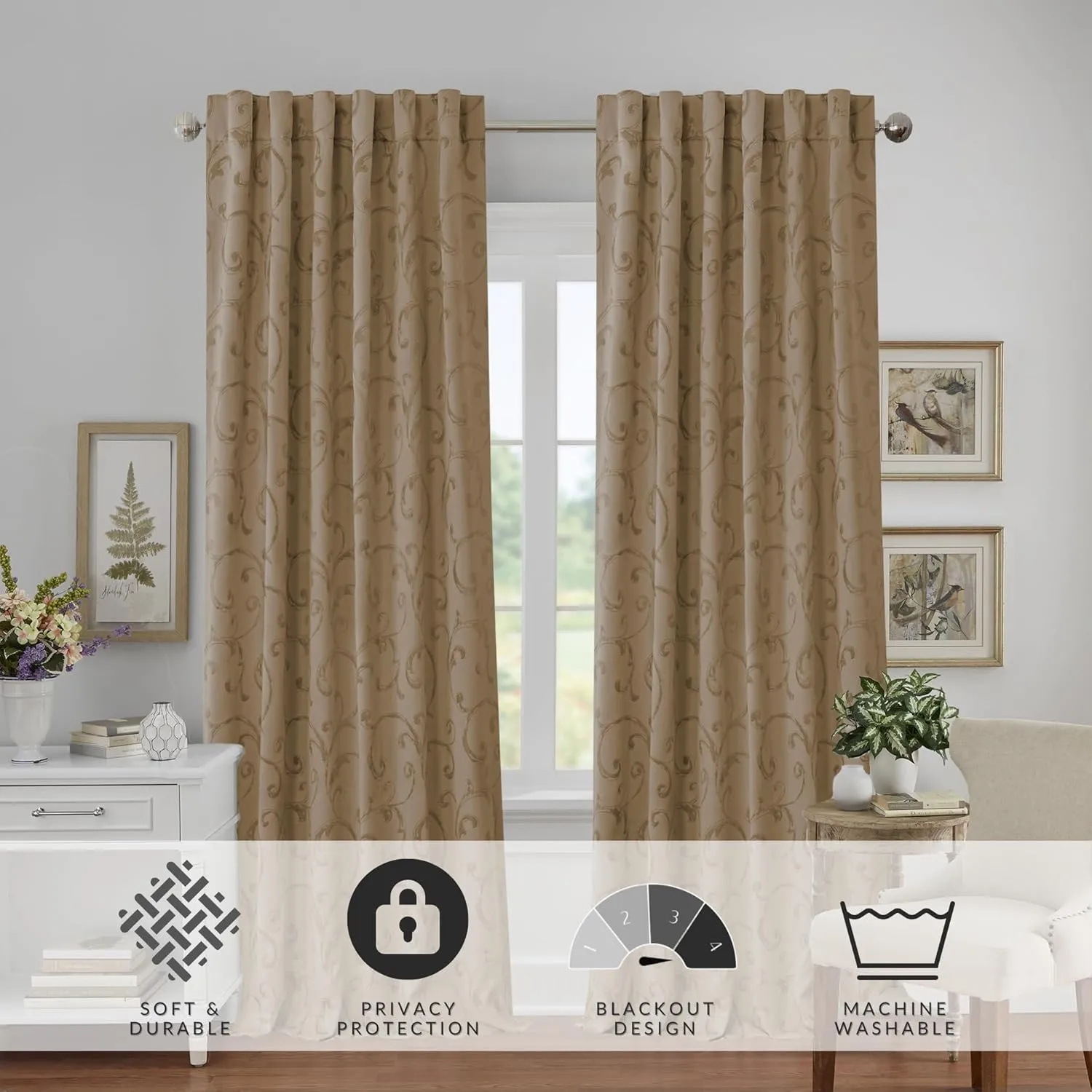 Elrene Home Fashions Mia Jacquard Scroll Blackout Window Curtain, 52" x 95" (1 Panel), Taupe