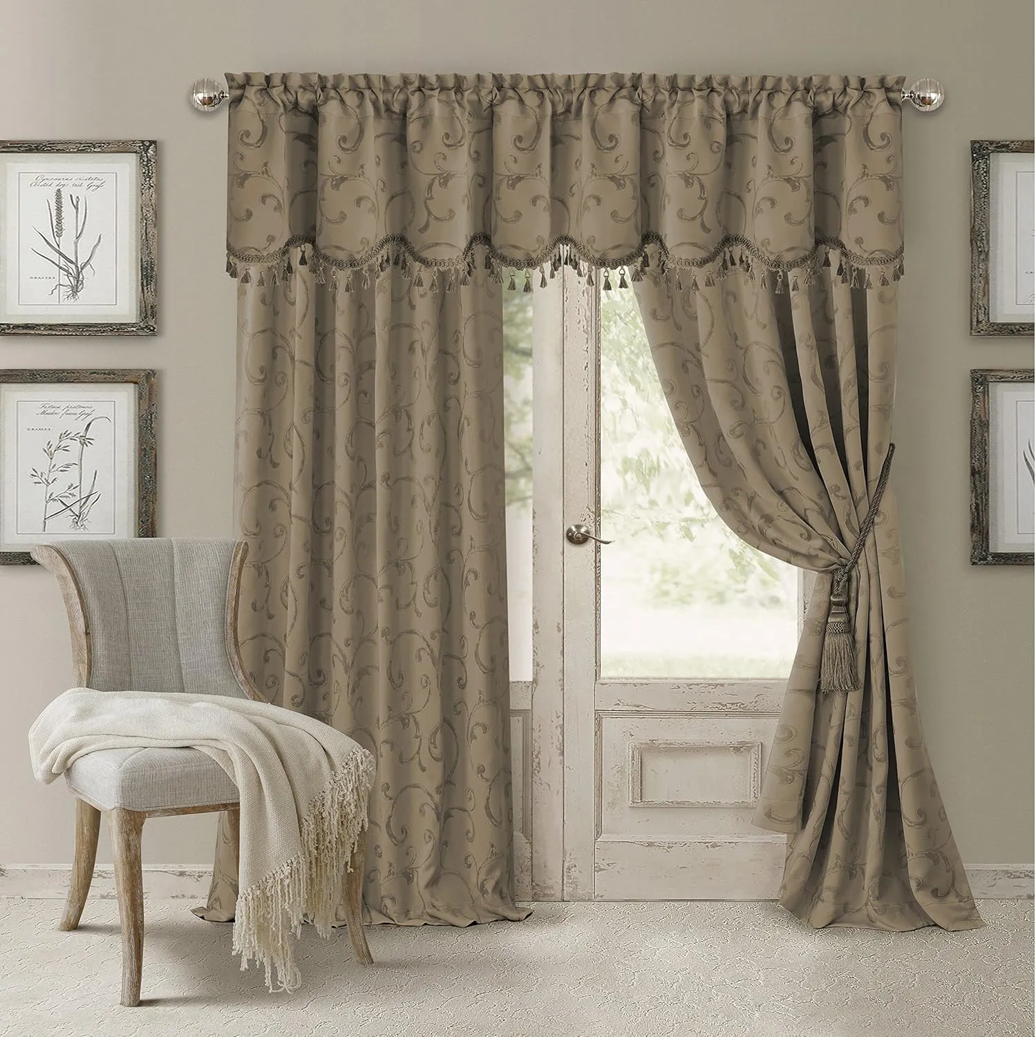 Elrene Home Fashions Mia Jacquard Scroll Blackout Window Curtain, 52" x 95" (1 Panel), Taupe