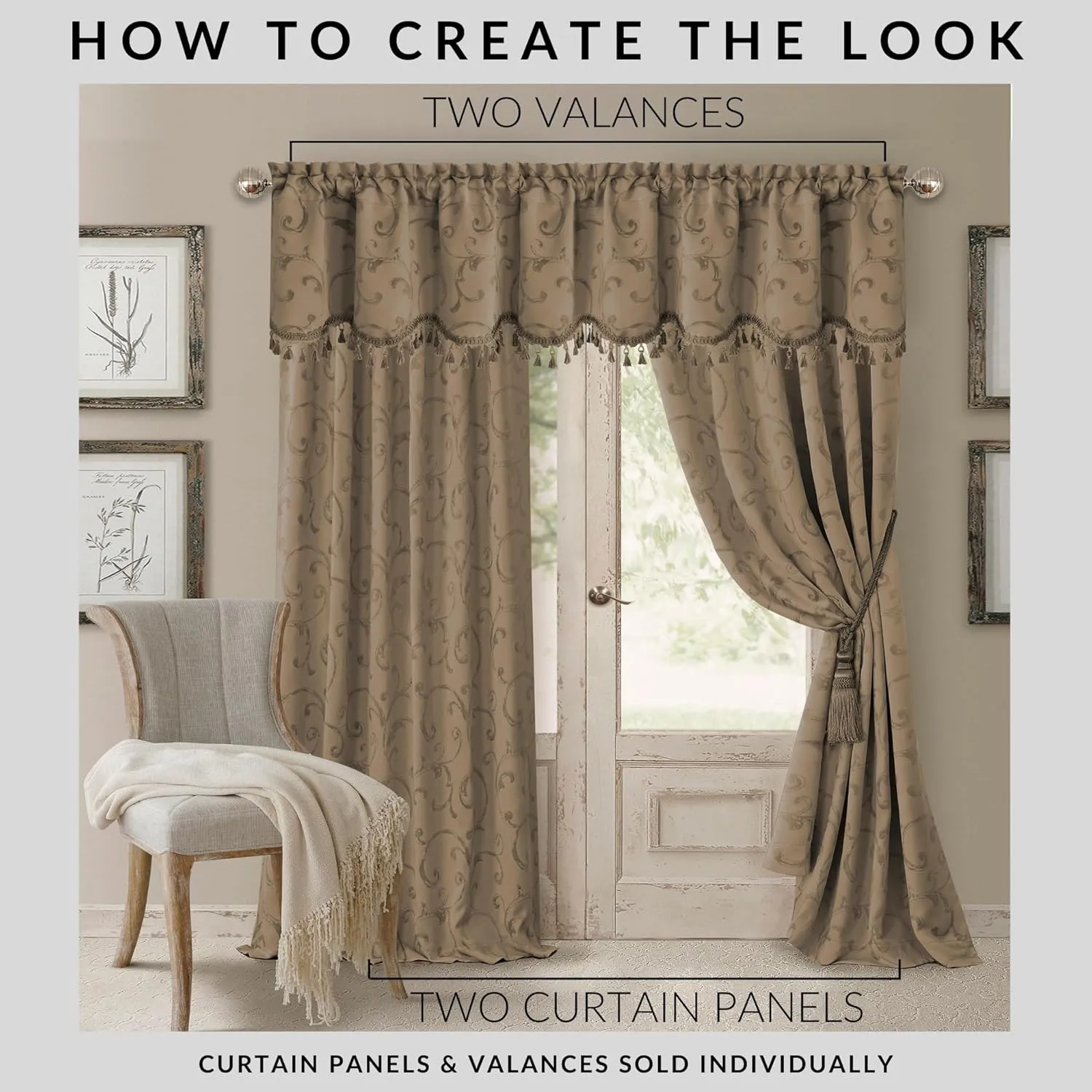Elrene Home Fashions Mia Jacquard Scroll Blackout Window Curtain, 52" x 95" (1 Panel), Taupe