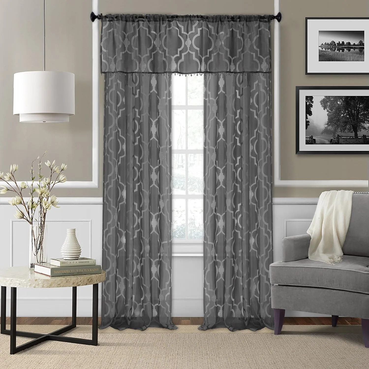 Elrene Home Fashions Montego Burnout Trellis Sheer Beaded Window, 52 in x 15 in (1 Valance), Black