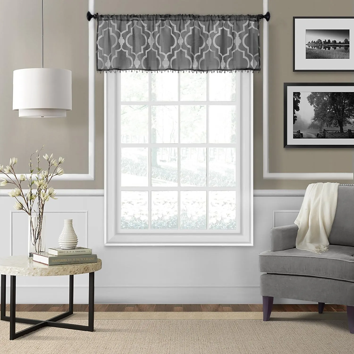 Elrene Home Fashions Montego Burnout Trellis Sheer Beaded Window, 52 in x 15 in (1 Valance), Black