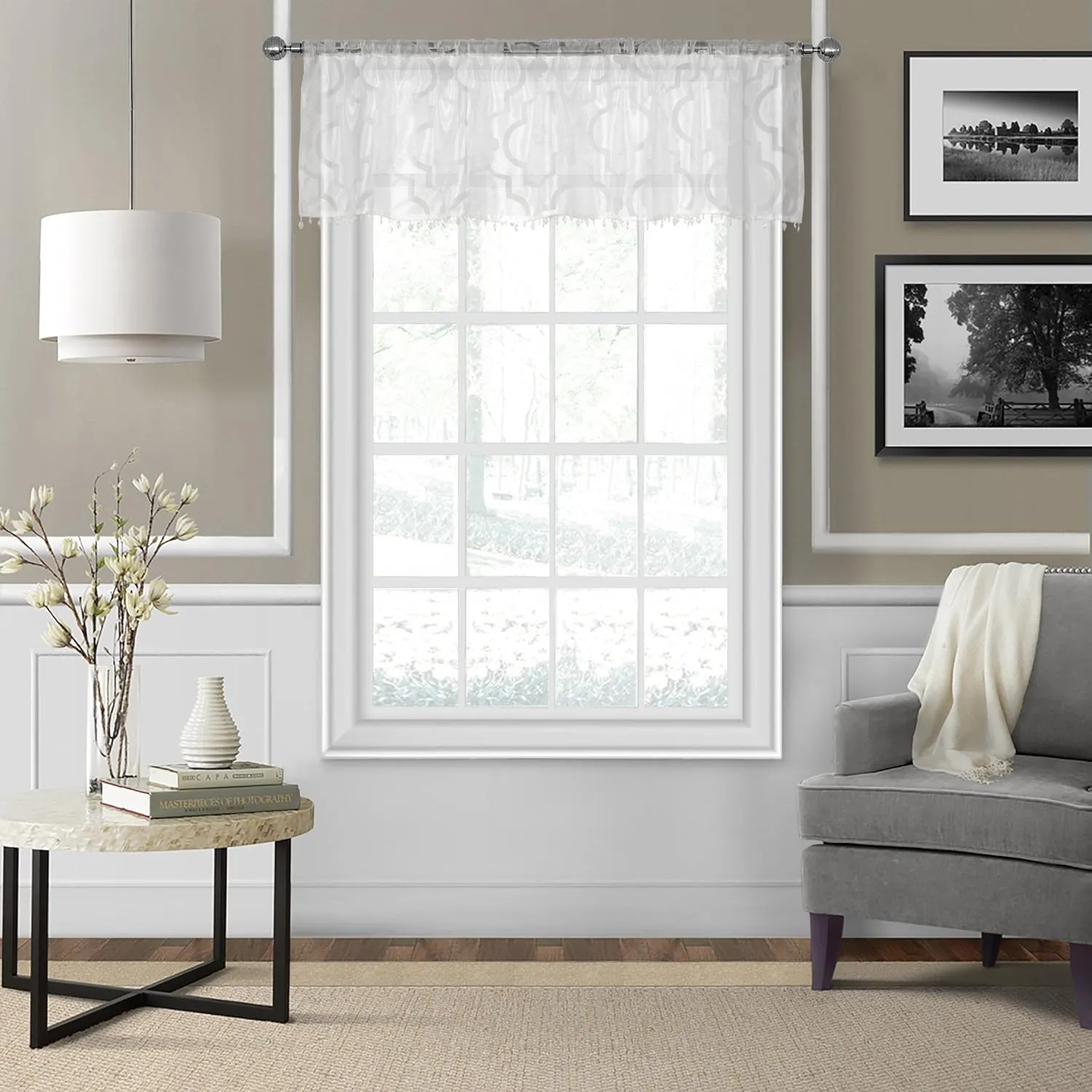 Elrene Home Fashions Montego Burnout Trellis Sheer Beaded Window, 52 in x 15 in (1 Valance), White