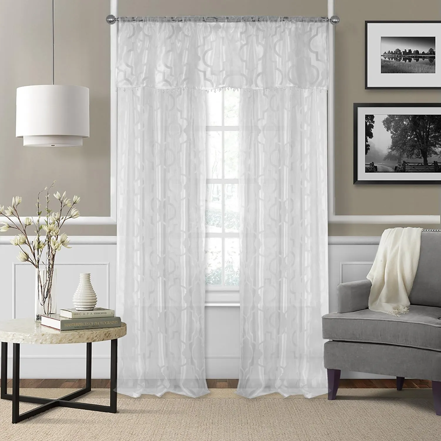 Elrene Home Fashions Montego Burnout Trellis Sheer Beaded Window, 52 in x 15 in (1 Valance), White