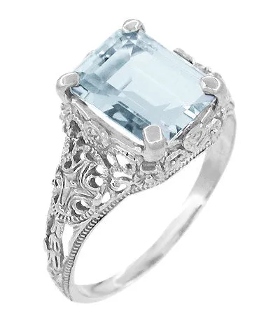 Emerald Cut Aquamarine Filigree Edwardian Engagement Ring in 14 Karat White Gold