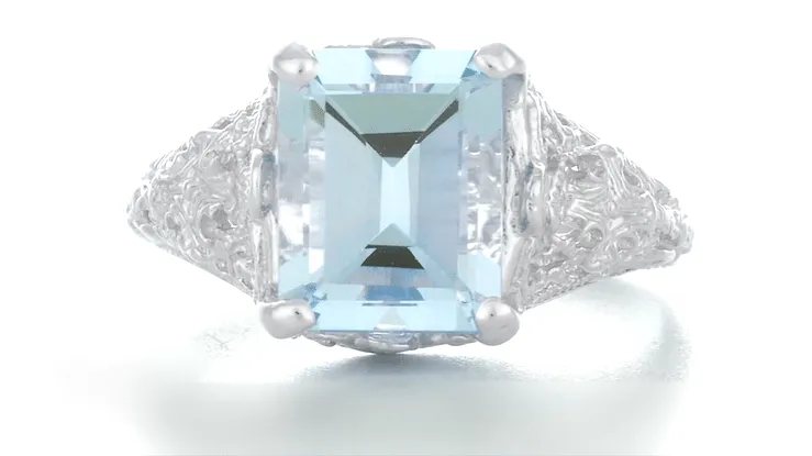 Emerald Cut Aquamarine Filigree Edwardian Engagement Ring in 14 Karat White Gold