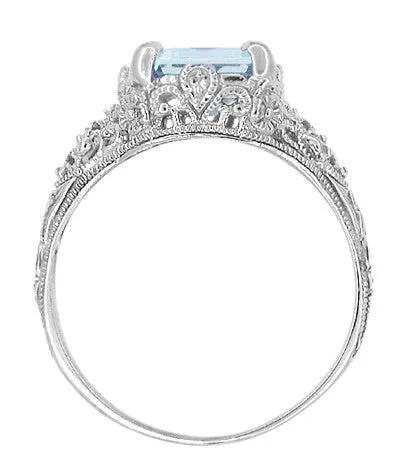Emerald Cut Aquamarine Filigree Edwardian Engagement Ring in 14 Karat White Gold