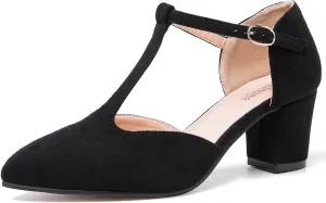 Enelauge Women's T-Strap Mary Jane Pumps Pointed Toe Ankle Strap Buckle Chunky Block Heel D'Orsay Sandals Dress Shoes