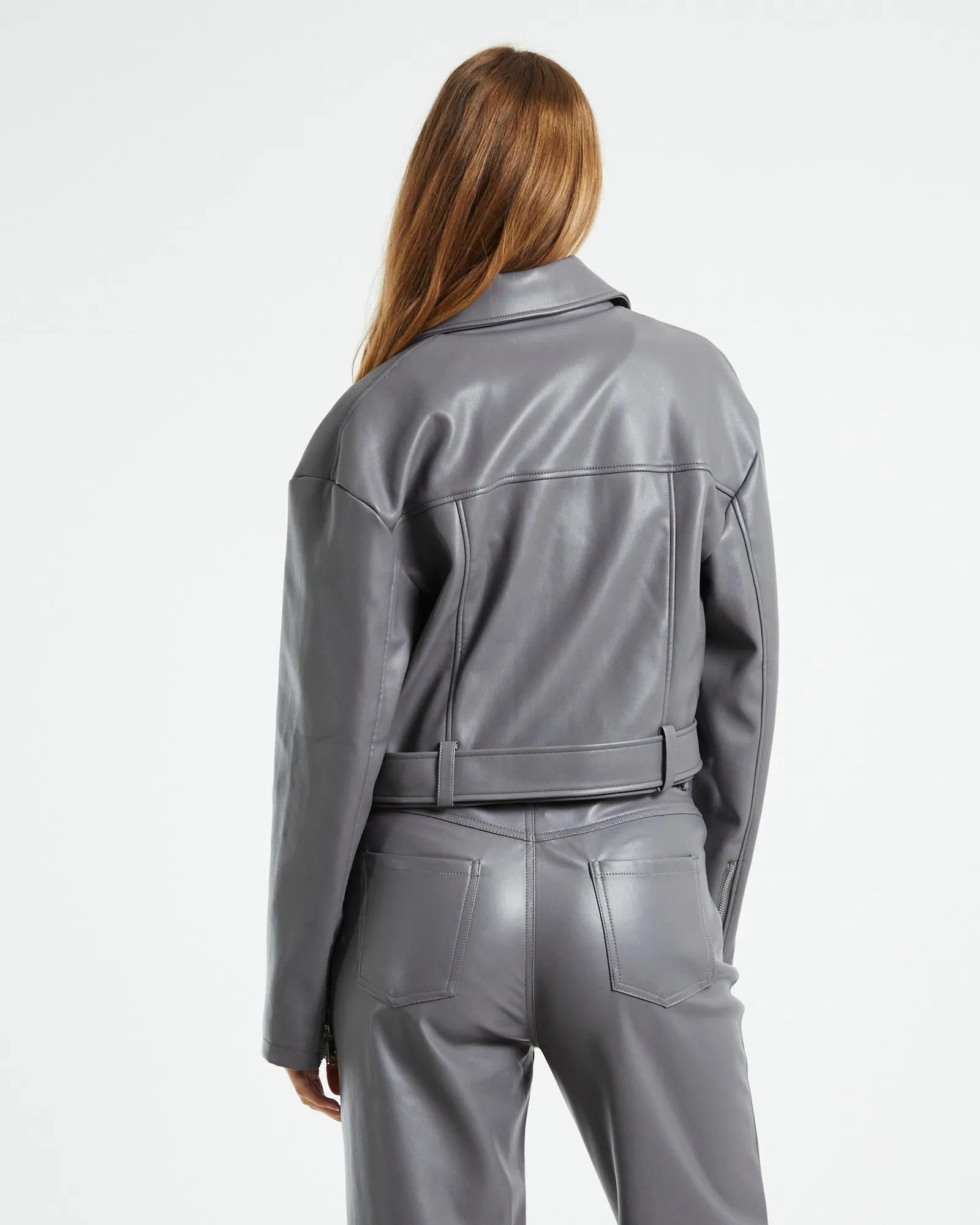Enya Boxy PU Biker Jacket Grey