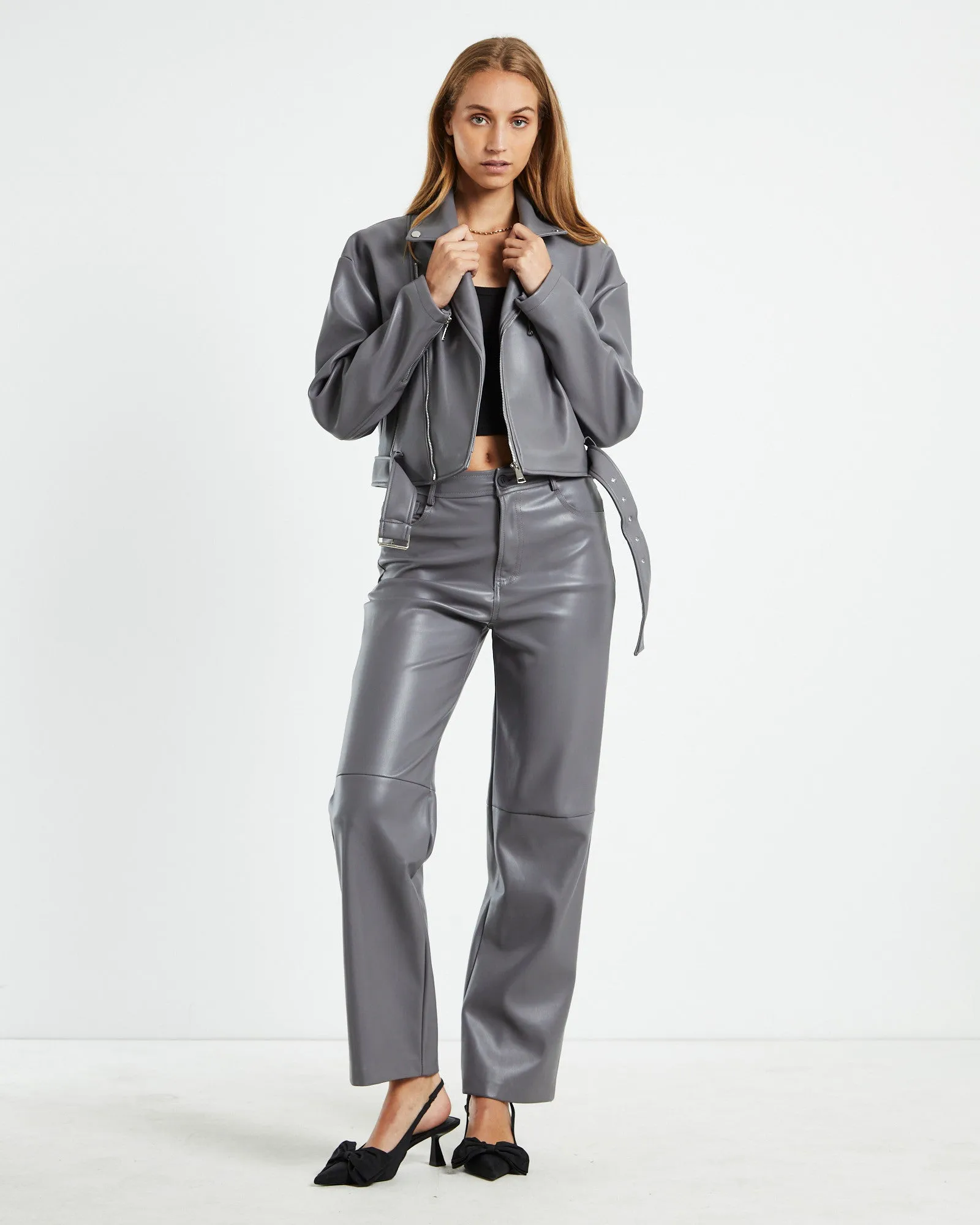 Enya Boxy PU Biker Jacket Grey