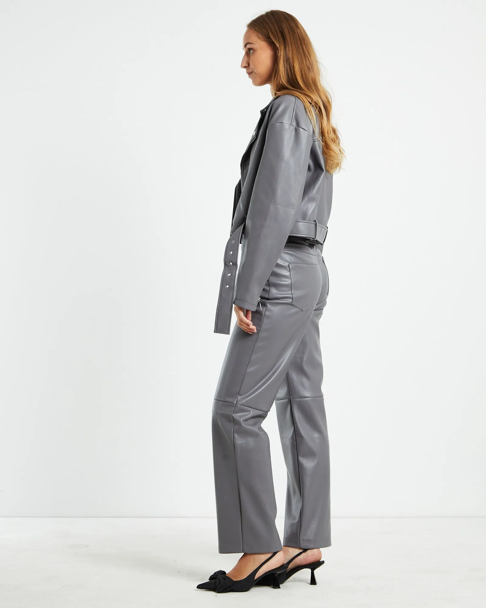 Enya Boxy PU Biker Jacket Grey
