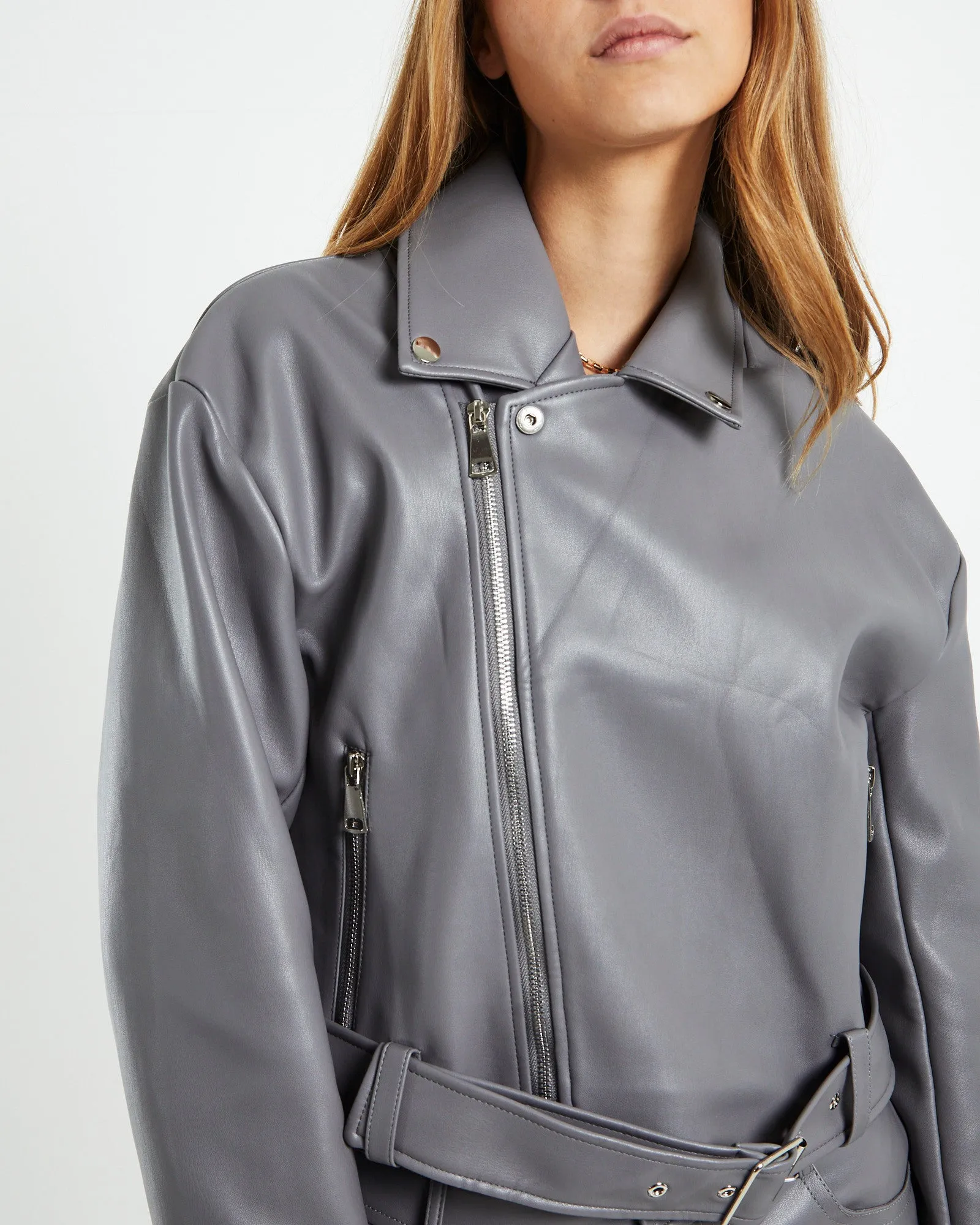 Enya Boxy PU Biker Jacket Grey