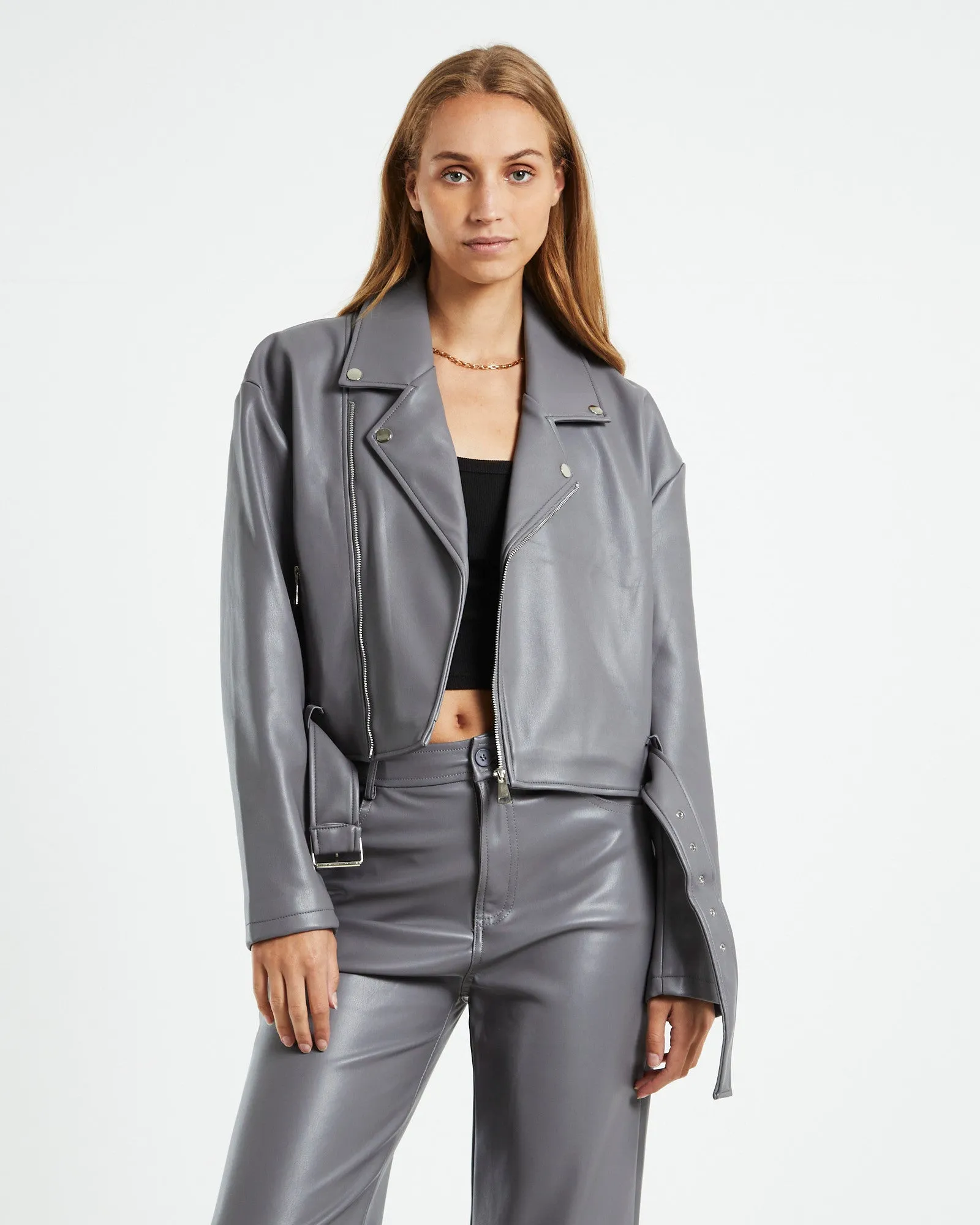 Enya Boxy PU Biker Jacket Grey